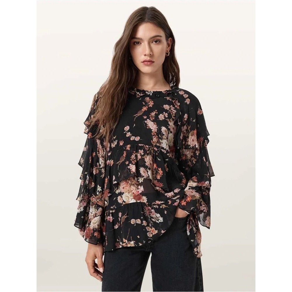 AllSaints Lissie Floral Print Ruffled Top Blouse Black Pink Size 6 NWT